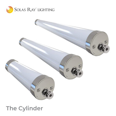 Solas Ray Cylinder NSF Rated wash-down LED Industrial Light. NSF, IP69K, IK10, DLC, CE and RoHS Rated. Light for food service and agricultural use. Pressure wash ready.
