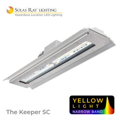 Solas Ray Keeper SC Linear LED Hazardous Location Light Fixture. Narrow band yellow light (1800K / 590nm) for use in semiconductor manufacturing and similar industries. Blocks UV wavelengths / UV free LED lighting.